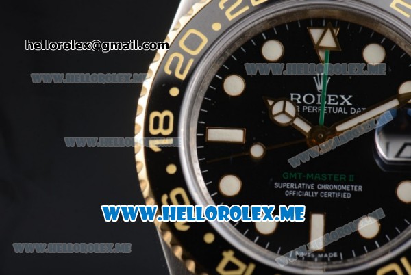 Rolex GMT-Master II Clone Rolex 3186 Automatic Two Tone Case/Bracelet with Black Dial and Dot Markers (BP) - Click Image to Close